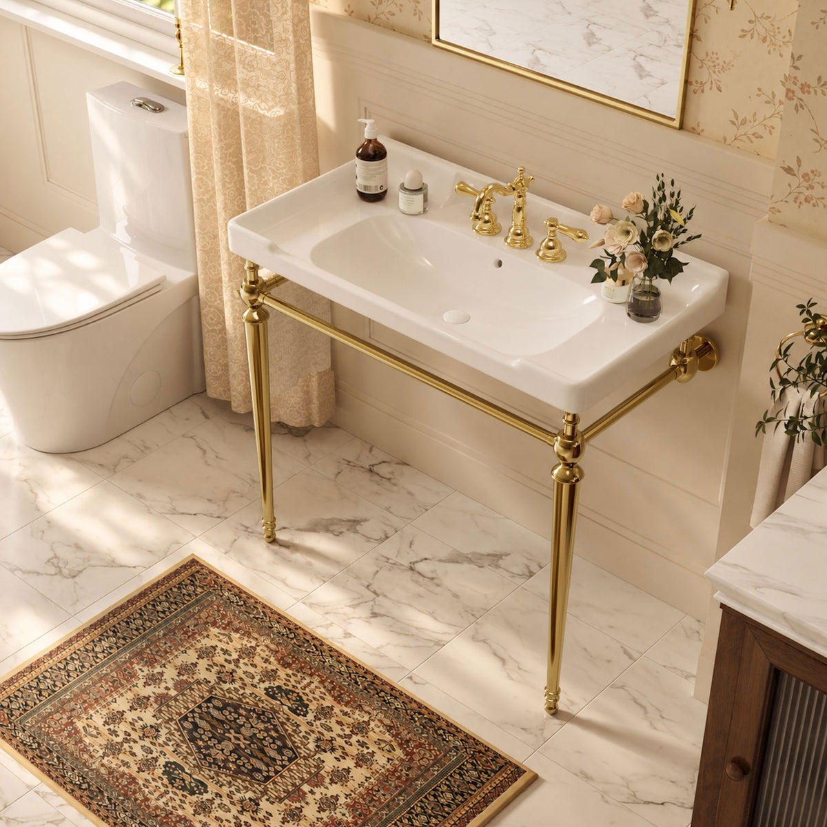 Fregadero de consola de cerámica blanca de 91 cm con patas de metal dorado.