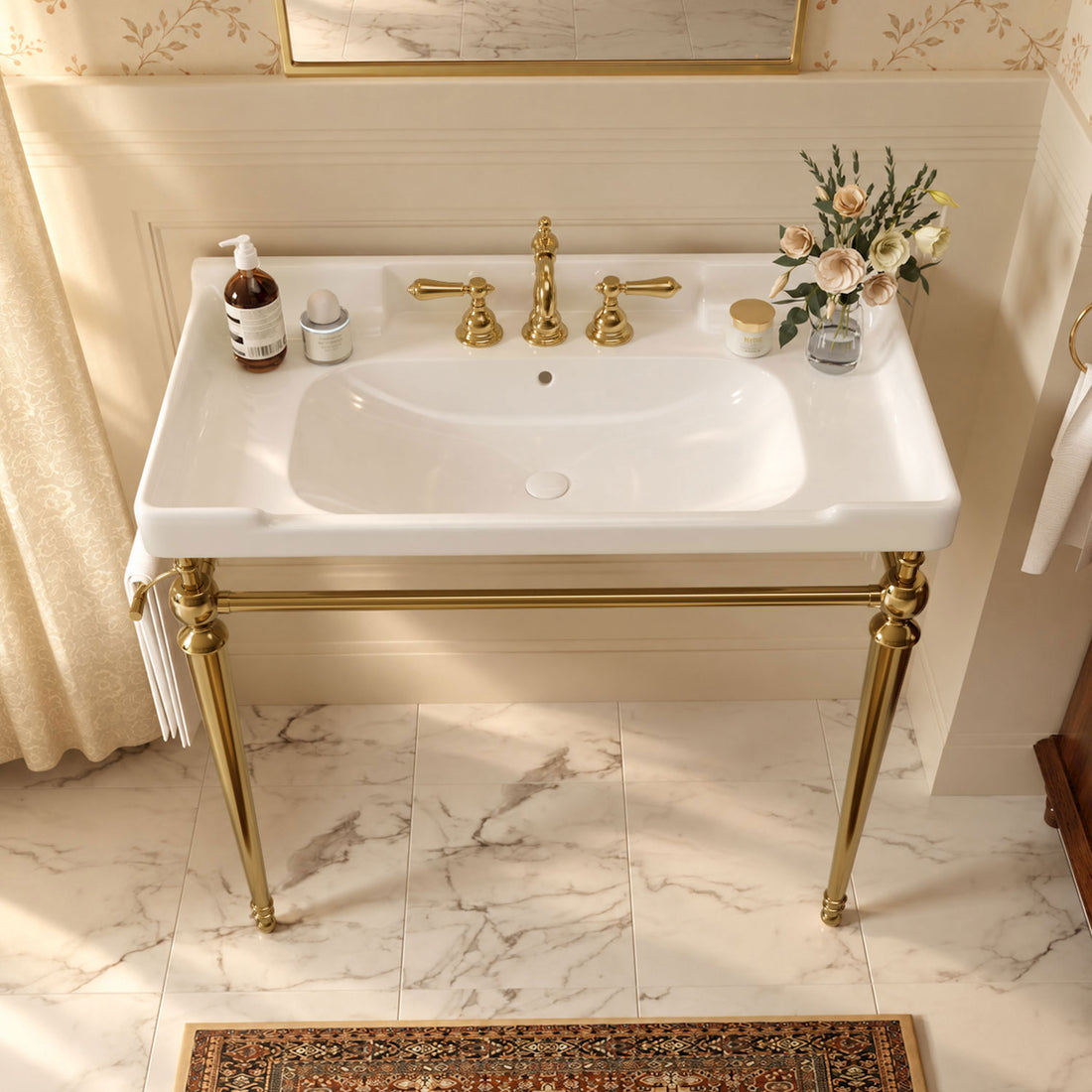 36-inch white ceramic console sink with gold metal legs vintage bathroom basin top view
