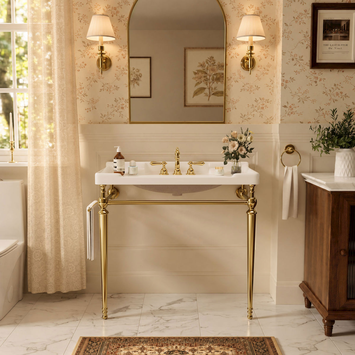 36 in White Ceramic Console Sink with Gold Metal Legs