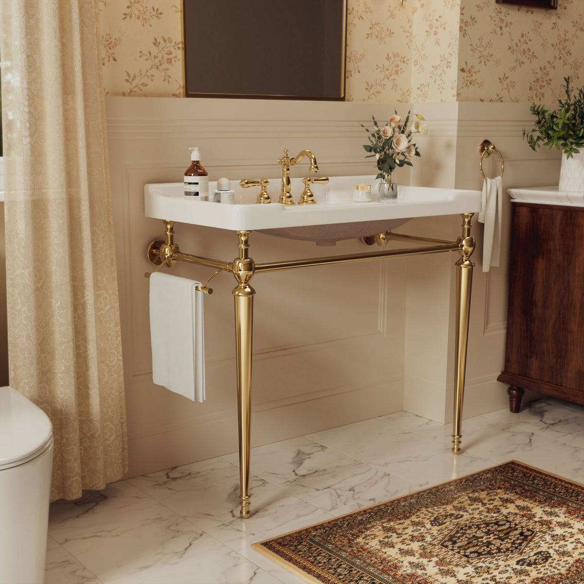 Console style bathroom sink with gold legs and white ceramic basin   timeless design