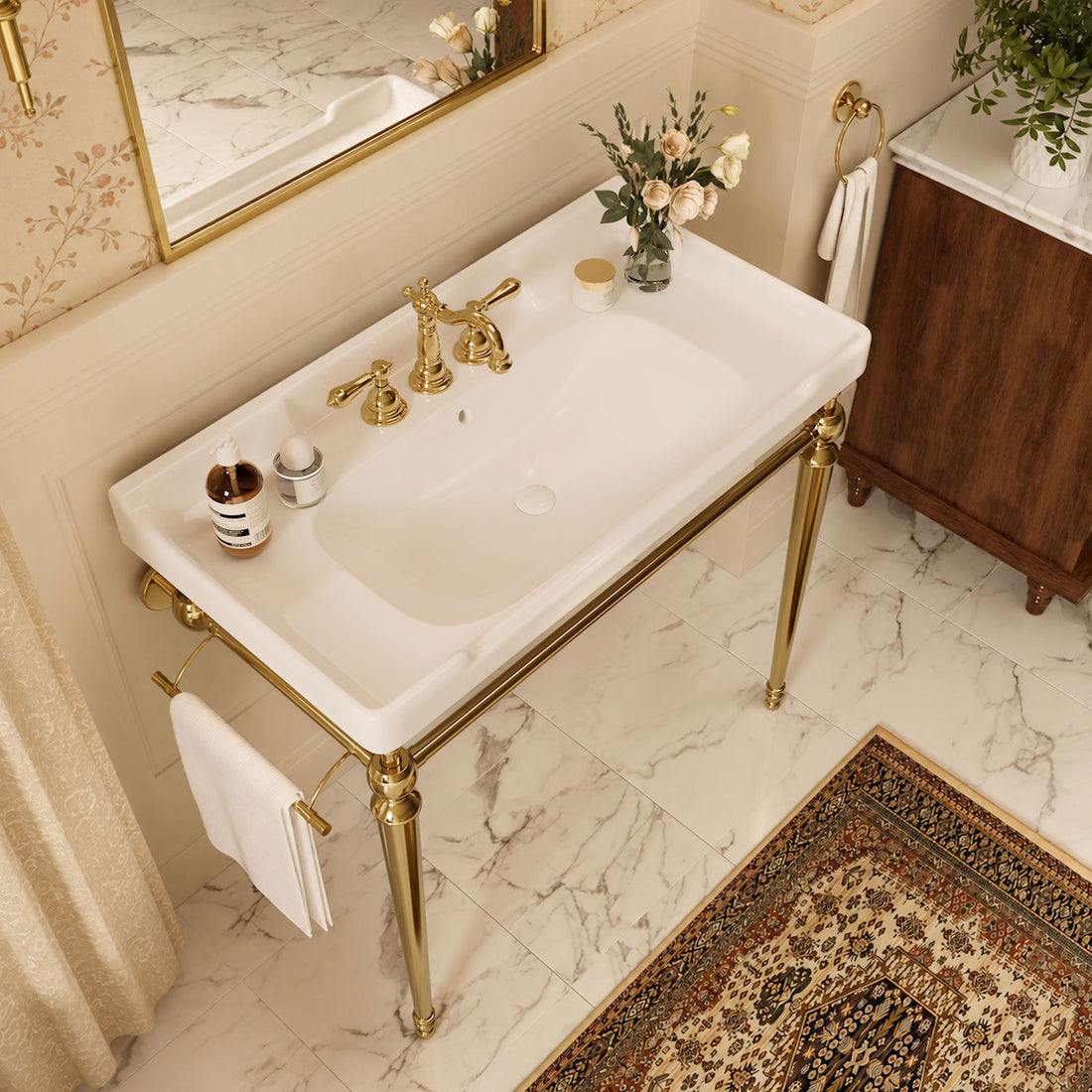 36 inch white ceramic console bathroom sink with gold legs classic modern vanity
