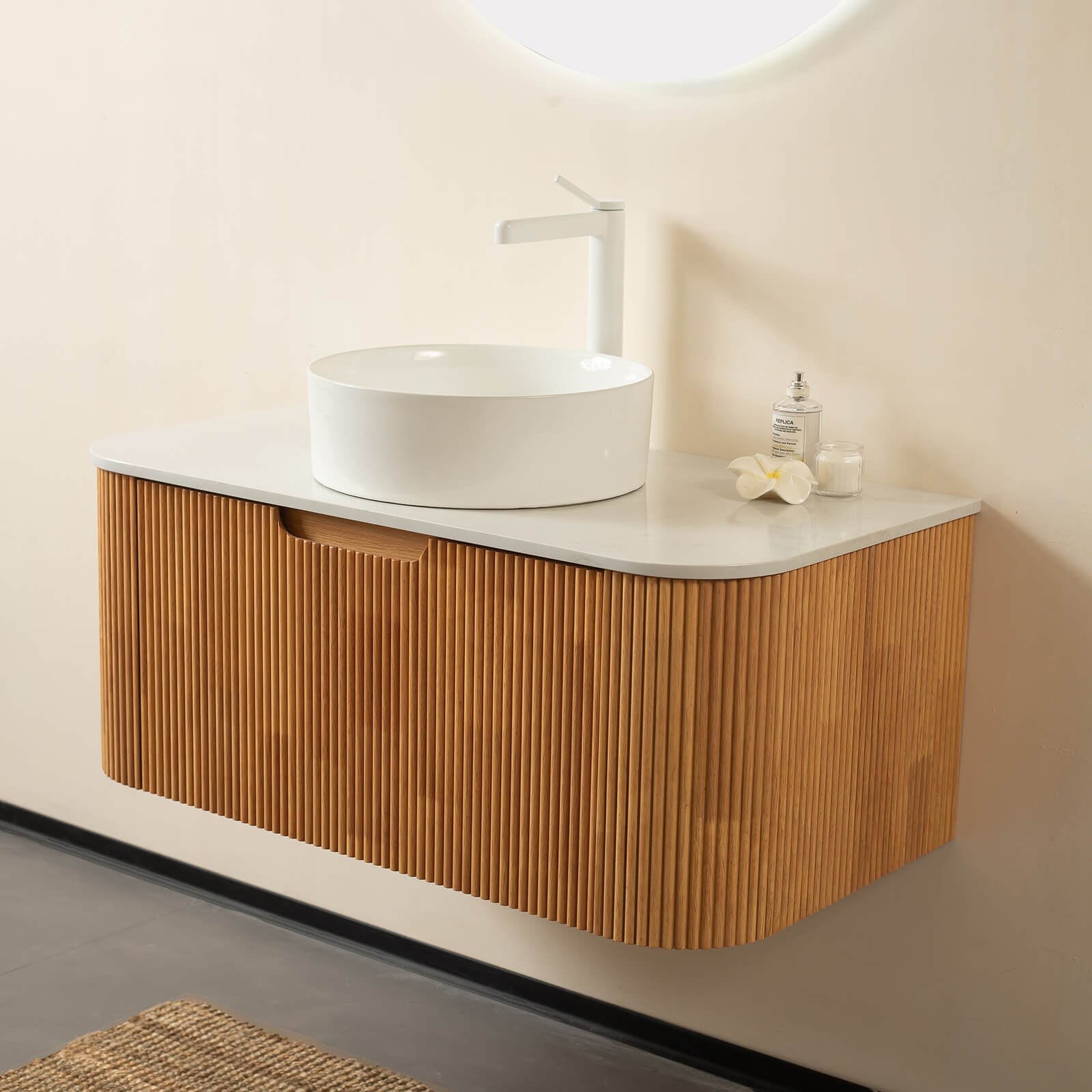 36 inch white oak floating bathroom vanity with round vessel sink