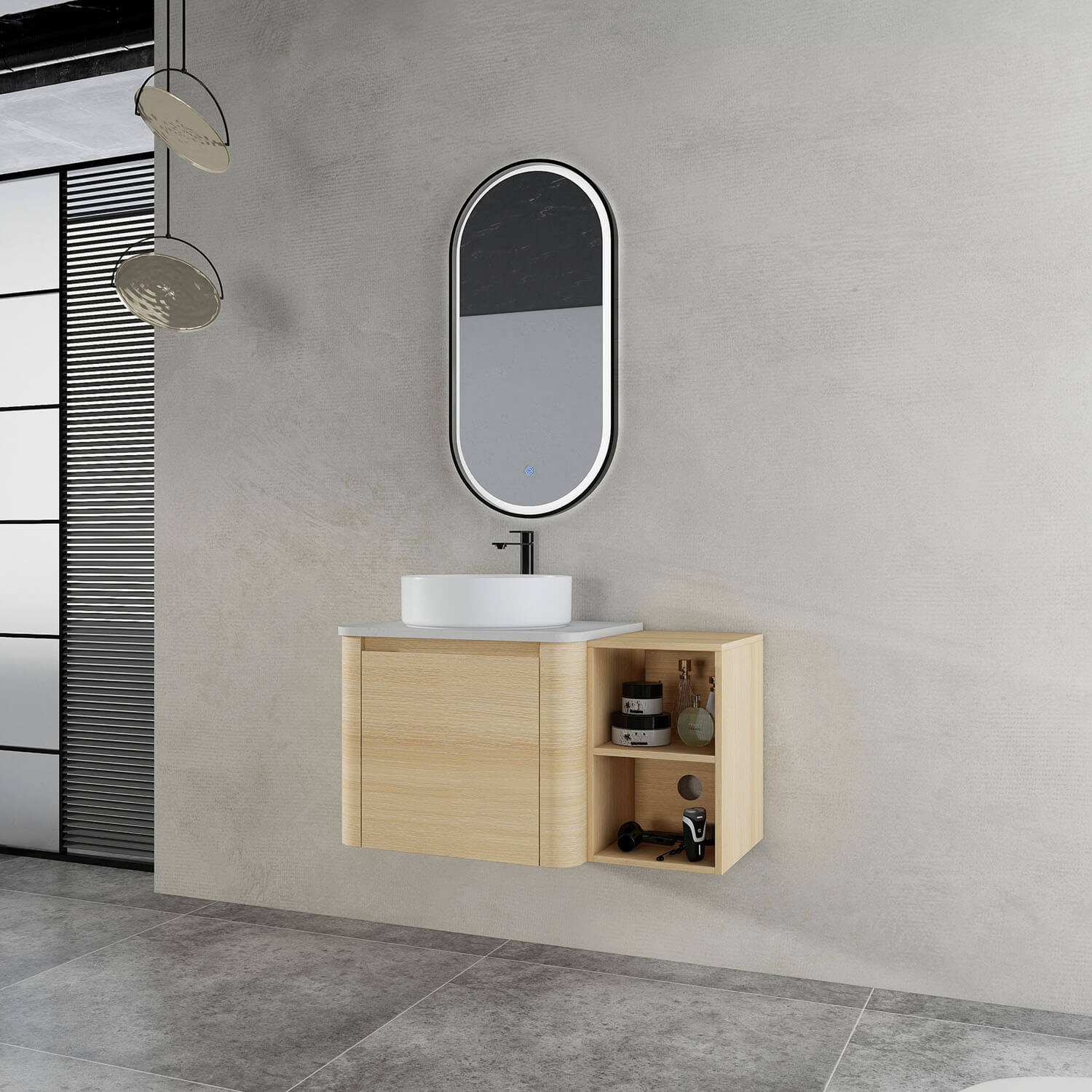 36-inch White Oak Bathroom Vanity with White Ceramic Vessel Sink and Open Shelves