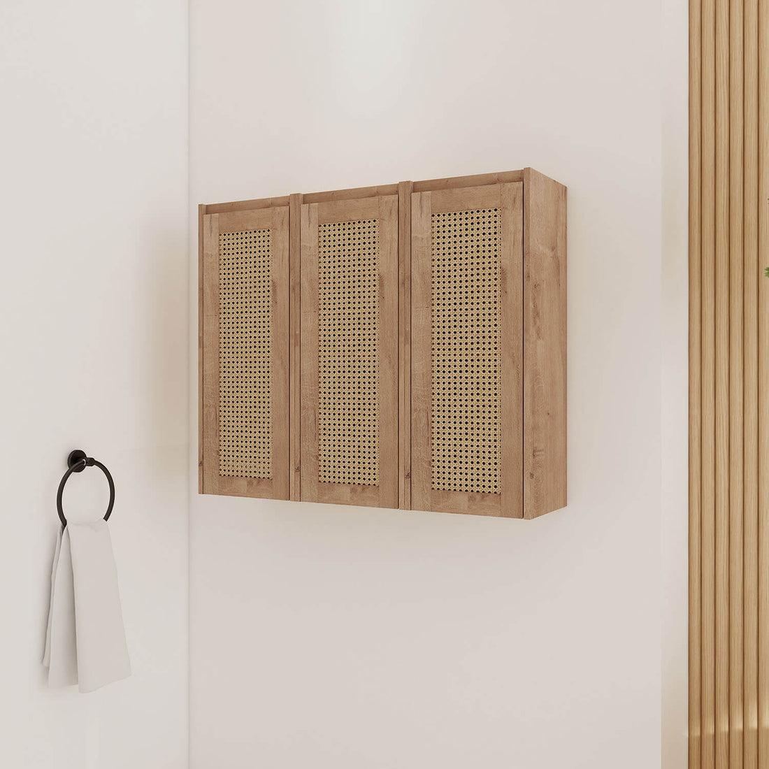 36-inch White Oak Bathroom Wall Cabinet with Rattan Door and Shelves