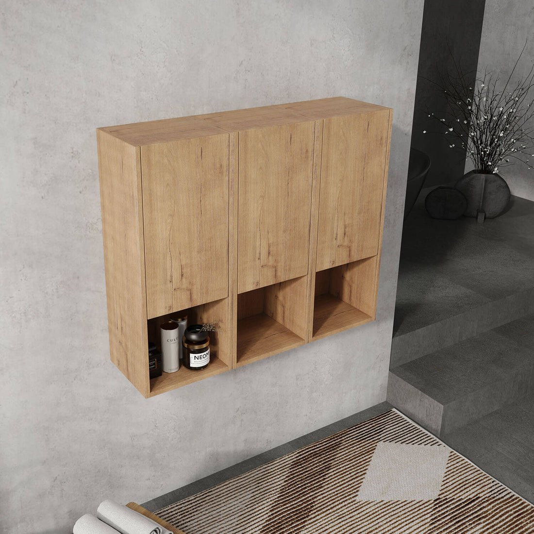36-inch White Oak Bathroom Wall Cabinet with Soft Close Doors and Open Shelves