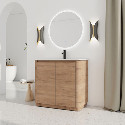 36-inch White Oak Freestanding Bathroom Vanity with White Ceramic Sink