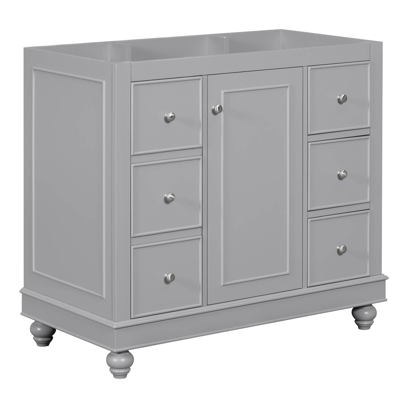 36-inch gray bathroom vanity with cabinet but no sink.
