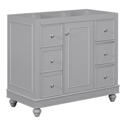 36-inch gray bathroom vanity with cabinet but no sink.