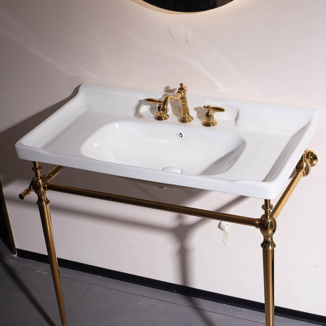 36 white ceramic vanity sink with overflow protection and adjustable towel bars in