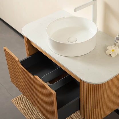 36 white oak bathroom vanity with U shaped drawers and soft close mechanism in