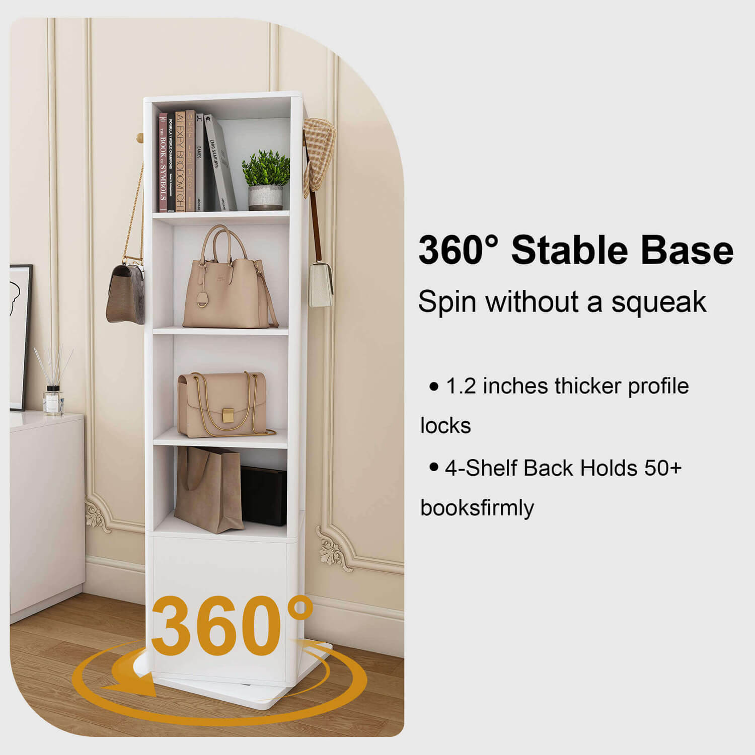 360 degree stable base white rotating mirror cabinet with bookshelf