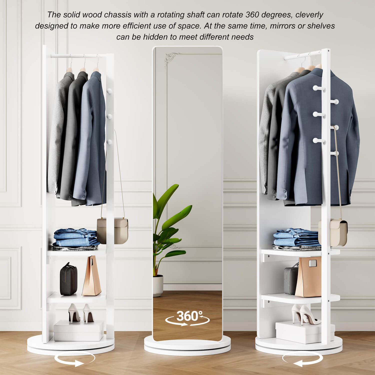 360° rotating 3-in-1 mirror with coat rack and storage shelves