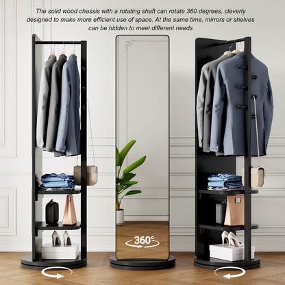 360° rotating black mirror with hidden coat rack and storage shelves