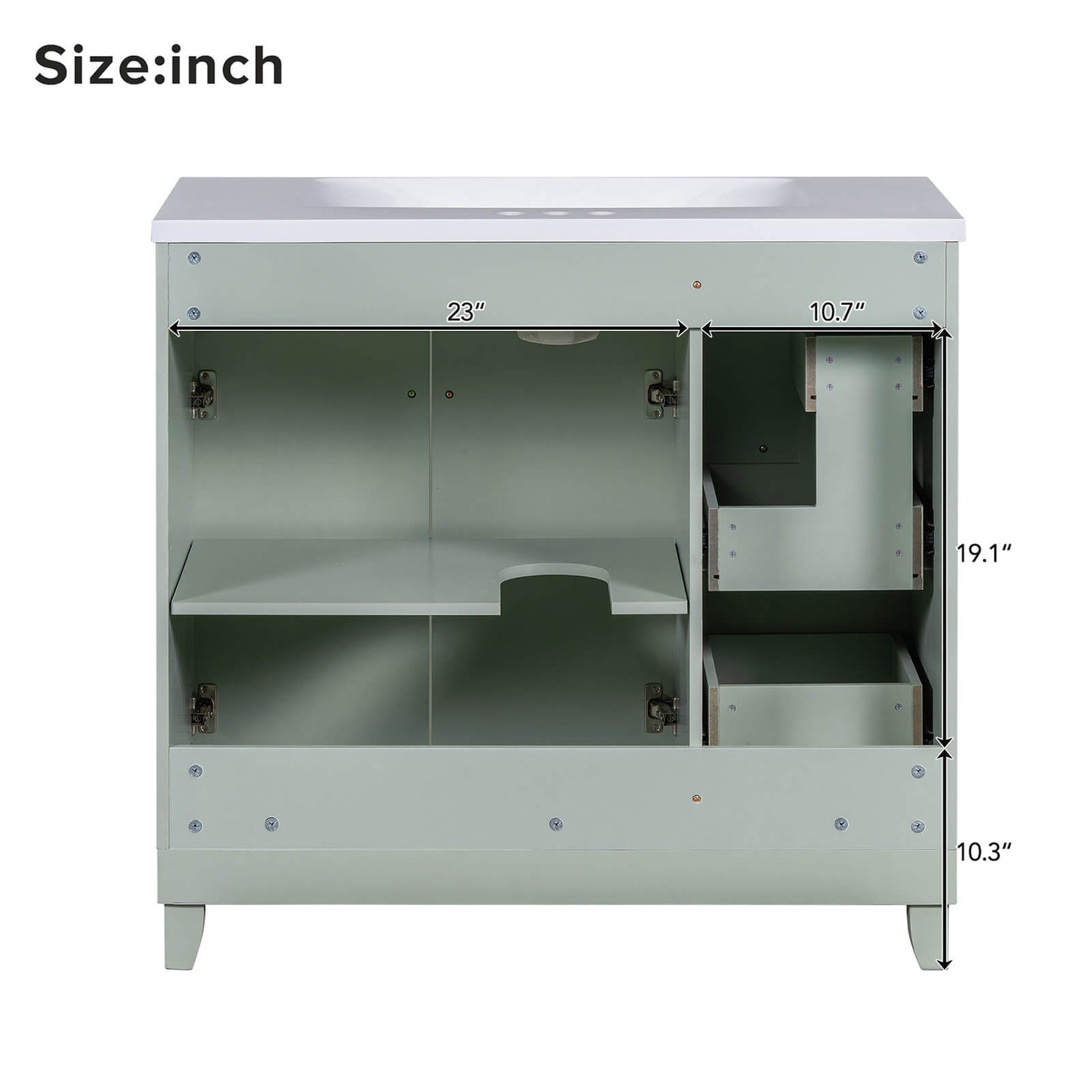 36 Inch Back Dimensions of Light Gray Green Bathroom Vanity with Adjustable Shelves