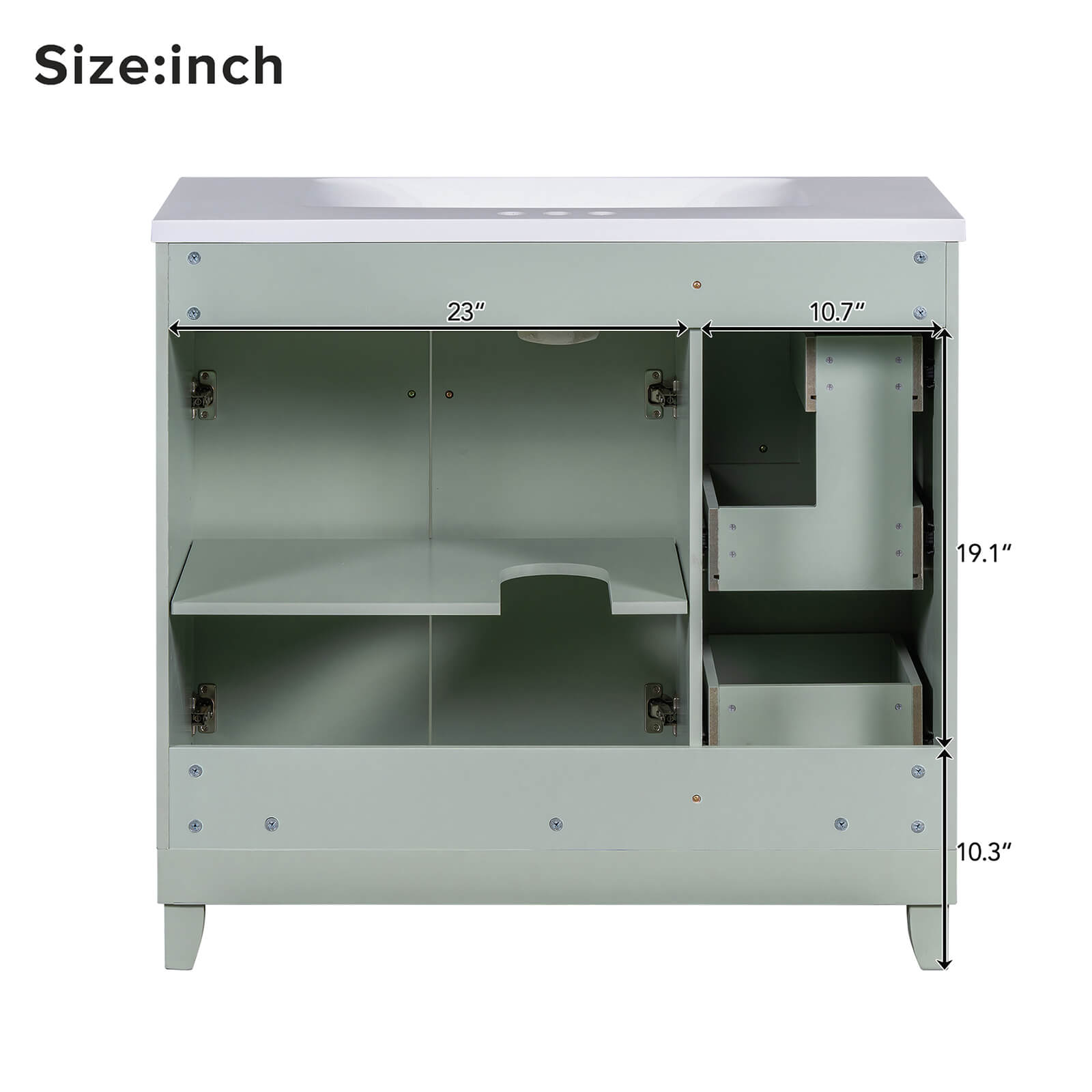 36 Inch Back Dimensions of Light Gray Green Bathroom Vanity with Adjustable Shelves