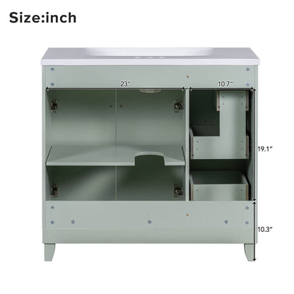 36 Inch Back Dimensions of Light Gray Green Bathroom Vanity with Adjustable Shelves