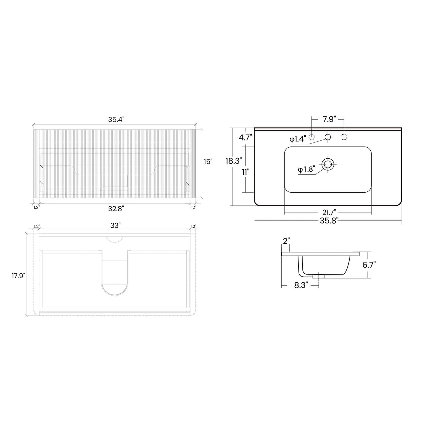 36 Inch Floating Black Bathroom Vanity Dimensions Specifications Chart