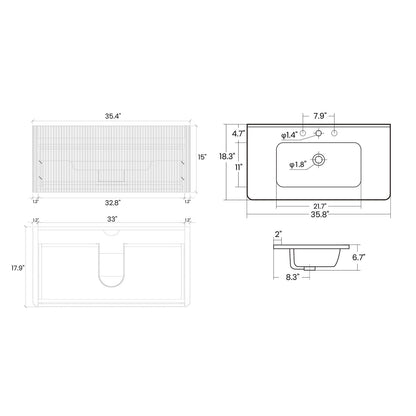 36 Inch Floating Black Bathroom Vanity Dimensions Specifications Chart