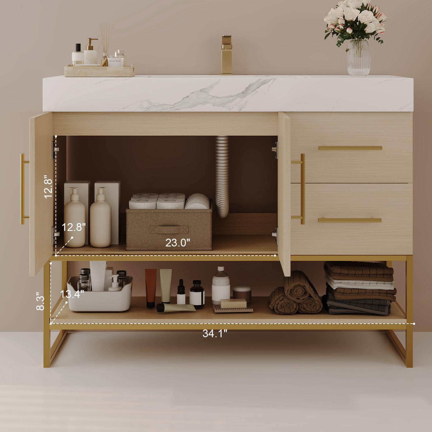 36 Inch Freestanding Bathroom Vanity Cabinet Interior and Lower Shelf Dimensions Guide