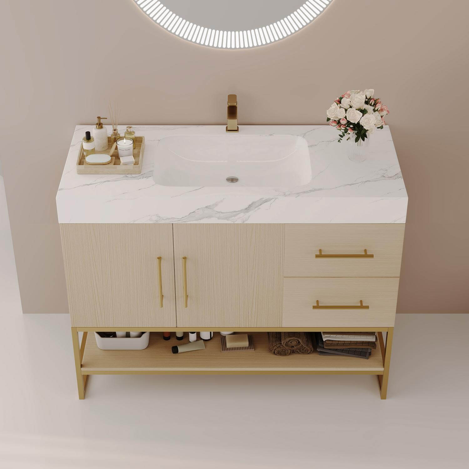 36 Inch Freestanding Bathroom Vanity Ceramic Undermount Sink Sintered Stone Top Detail View