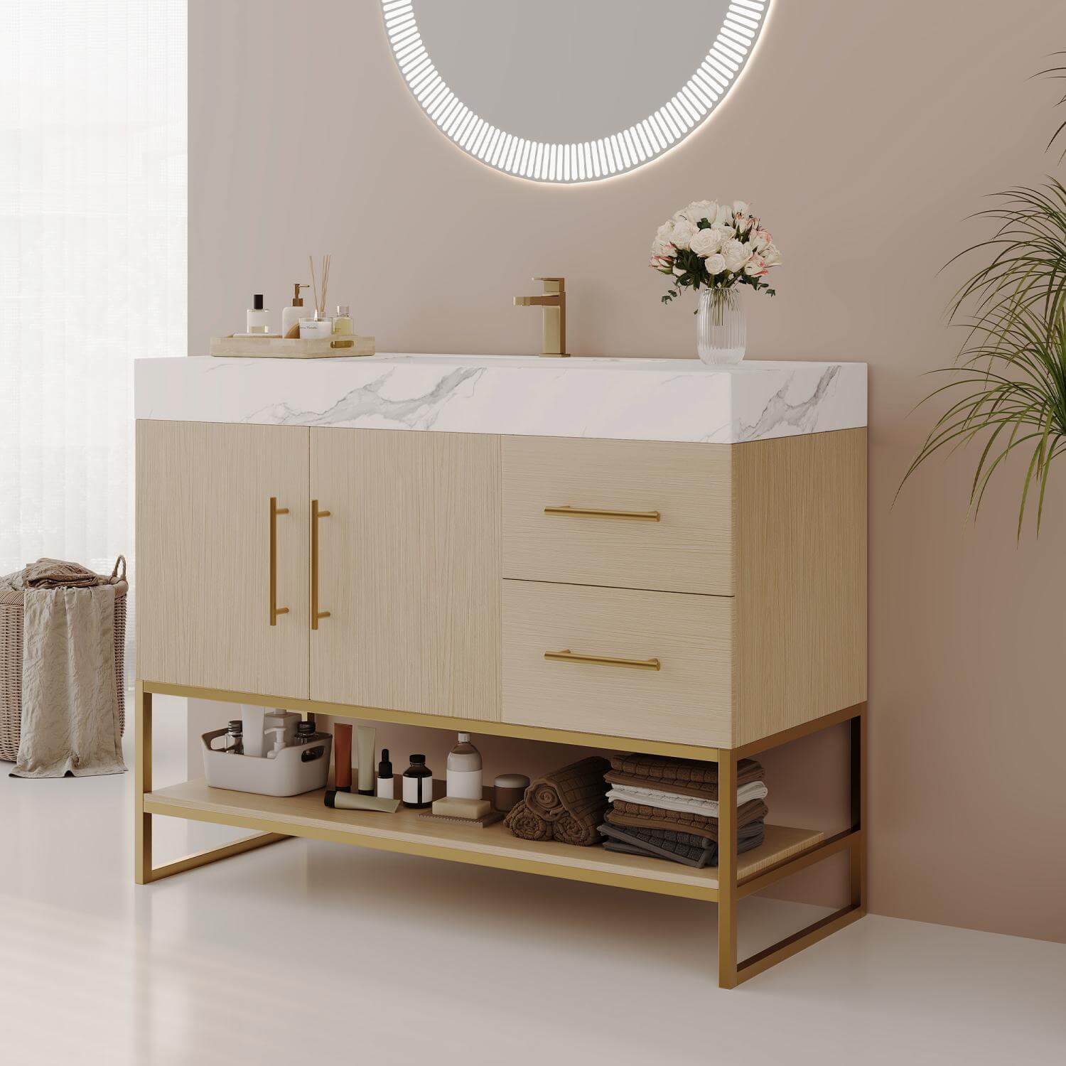 36 Inch Freestanding Modern Bathroom Vanity Cabinet Ceramic Sink Gold Base Side Perspective View