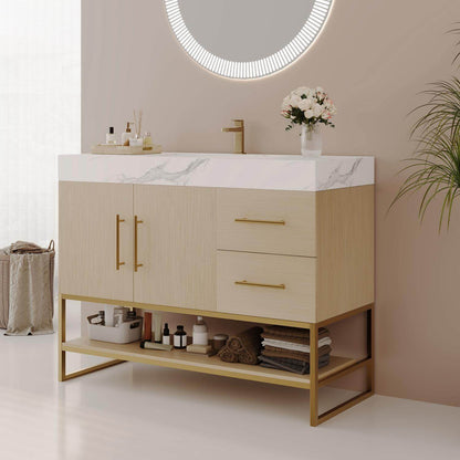 36 Inch Freestanding Modern Bathroom Vanity Cabinet Ceramic Sink Gold Base Side Perspective View