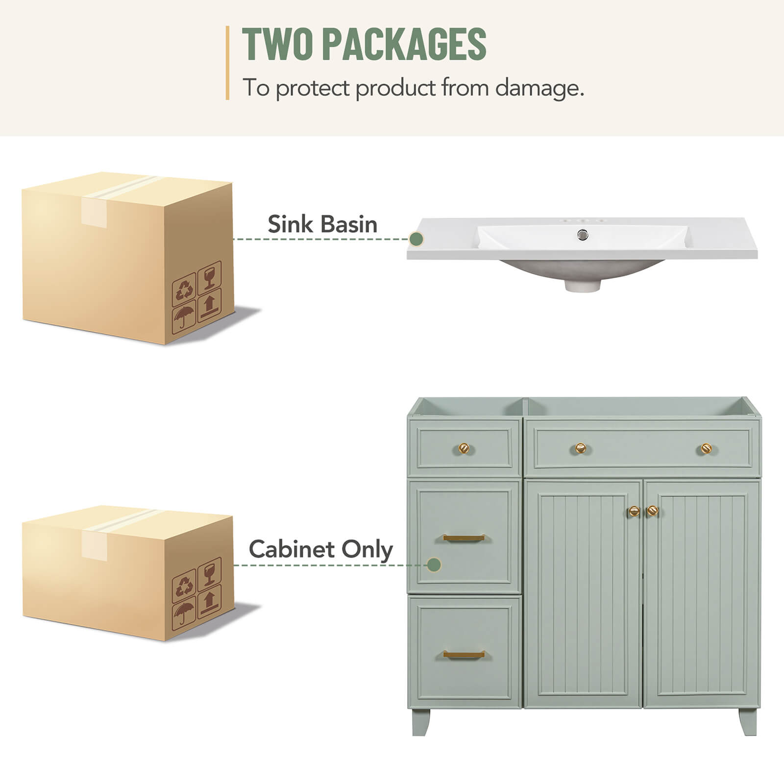 36 Inch Light Gray Green Bathroom Vanity with Adjustable Shelves Package Imag