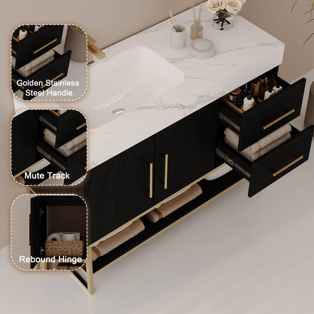 36 inch Black Vanity Hardware Details Golden Stainless Steel Handle Mute Track Rebound Hinge