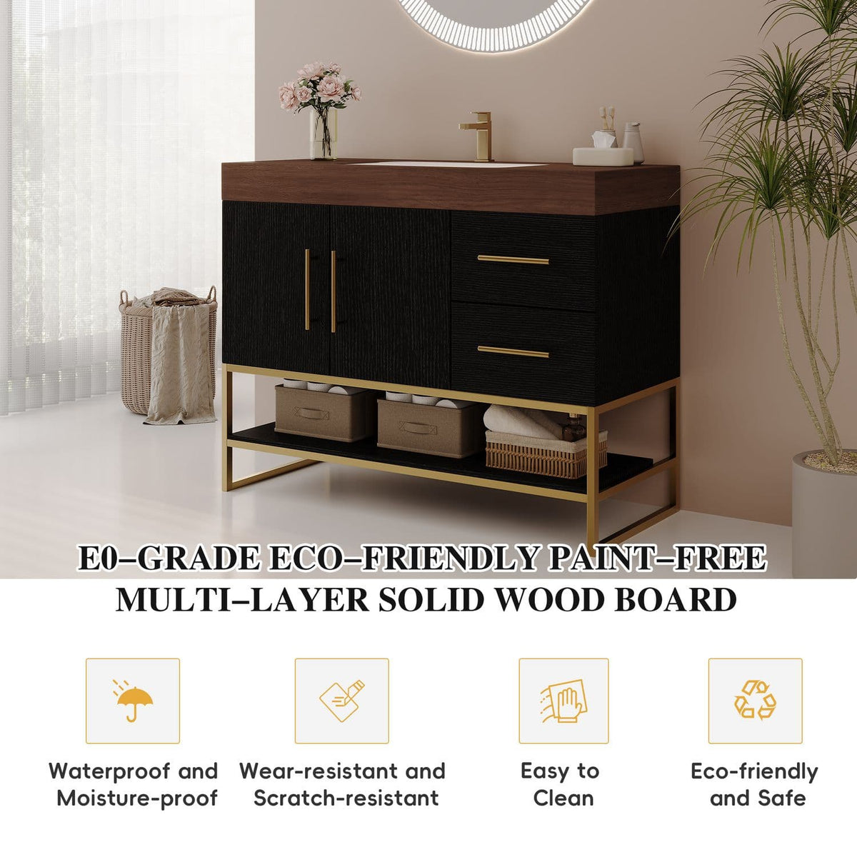 36 inch Black Bathroom Vanity E0 Grade Solid Wood Board Eco Friendly Waterproof Material
