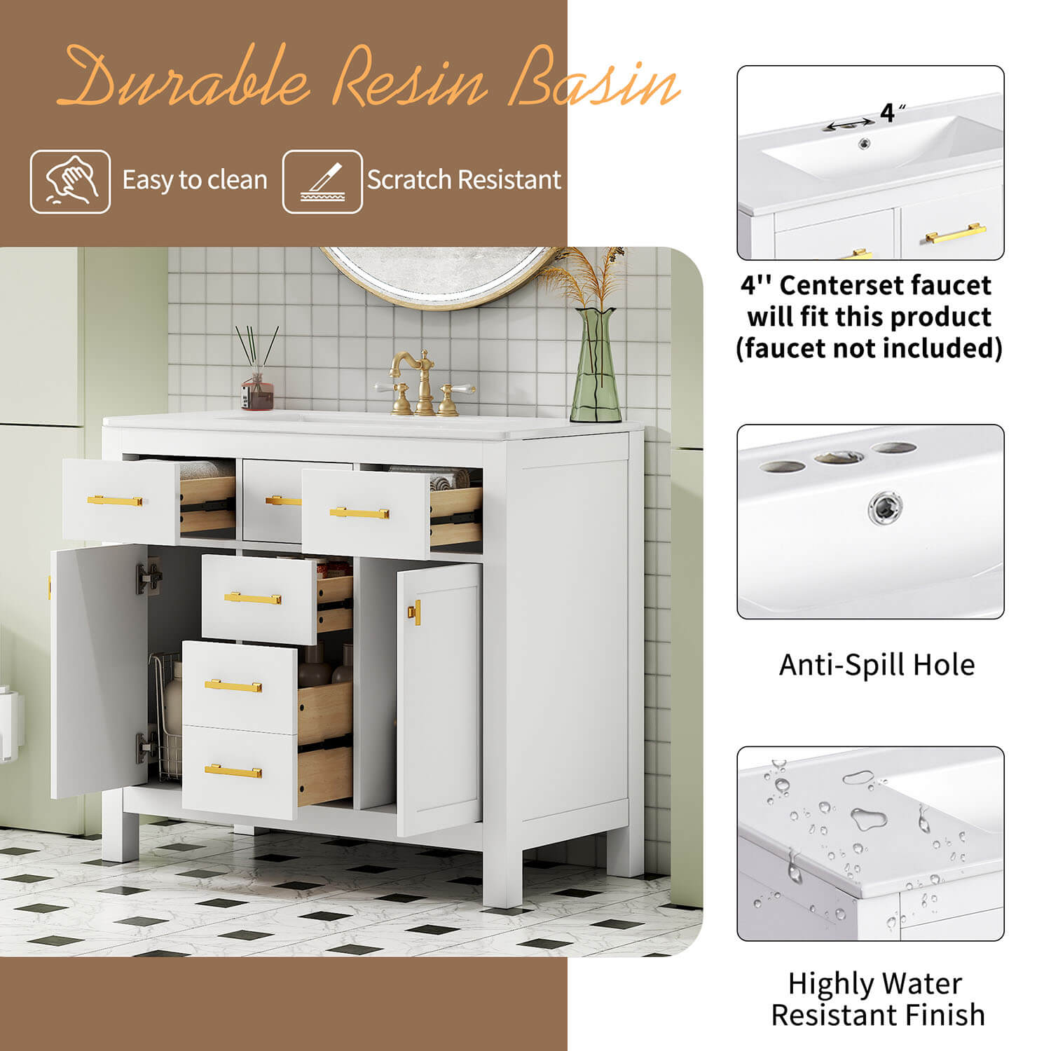 36 inch Bathroom vanity with white 3 hole countertop and drawers, featuring durable resin basin