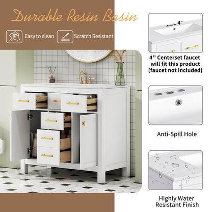 36 inch Bathroom vanity with white 3 hole countertop and drawers, featuring durable resin basin