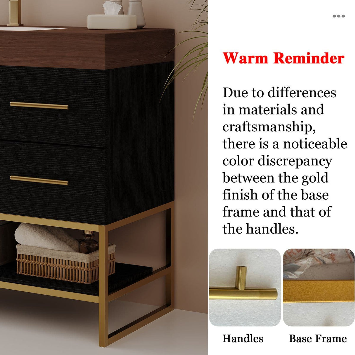 36 inch Black Bathroom Vanity Gold Handles Base Frame Finish Color Variation Notice