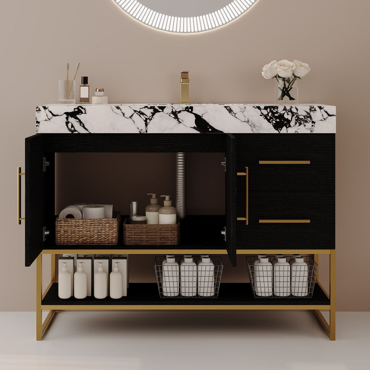 36 inch Black Bathroom Vanity Open Double Doors Under Sink Plumbing Space Ceramic Sink Faux Marble Top