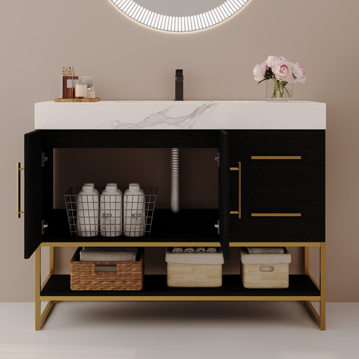 36 inch Black Bathroom Vanity Open Double Doors Under Sink Plumbing Storage Space   
