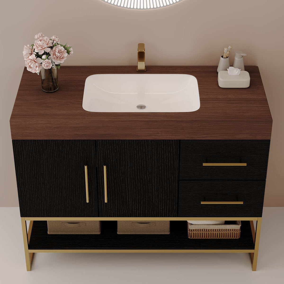 36 inch Black Bathroom Vanity Seamless Ceramic Sink Integrated Basin Countertop Top View