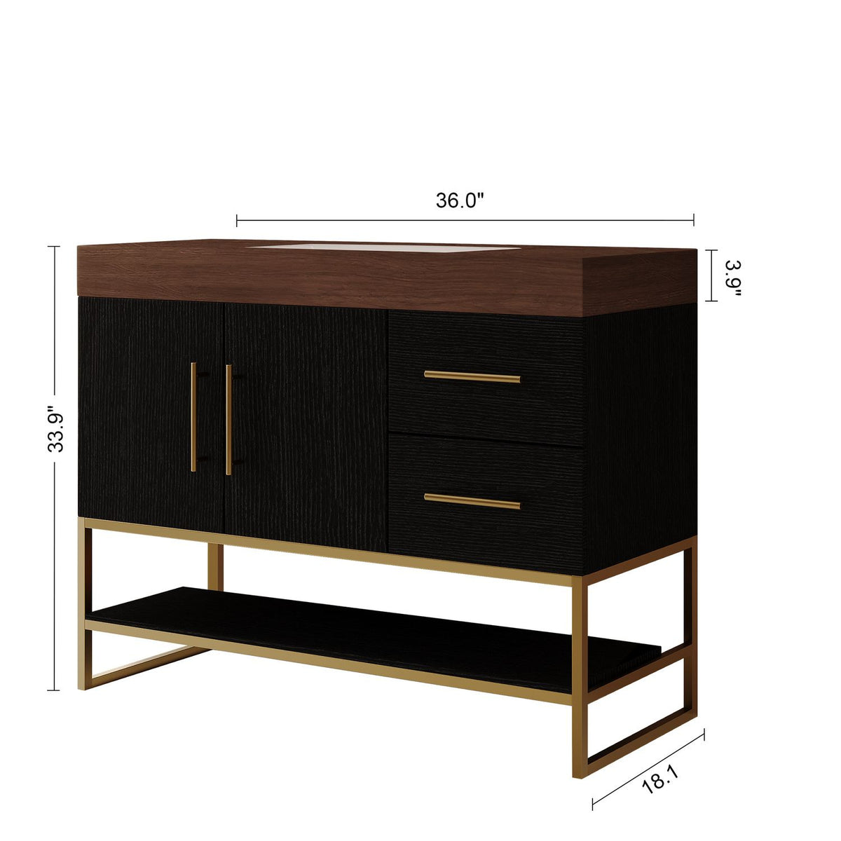 36 inch Black Freestanding Bathroom Vanity Dimensions Overall Size Measurement Specifications Diagram