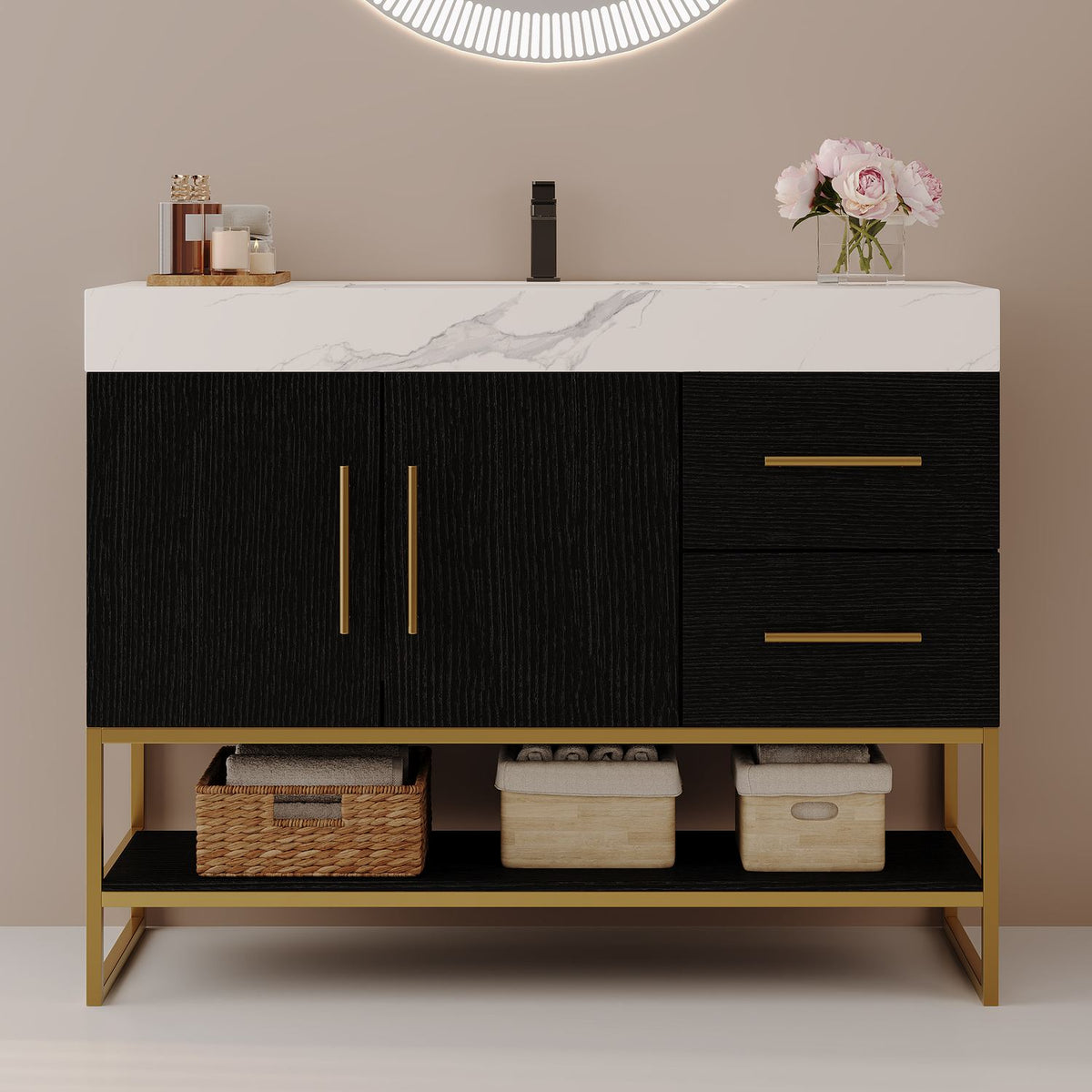 36 inch Black Freestanding Bathroom Vanity Faux Marble Top Open Storage Shelf Front View   