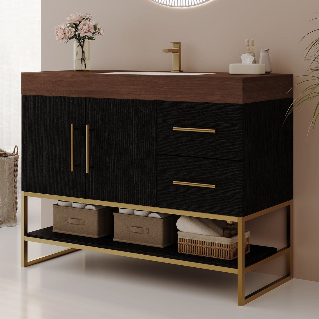 36 inch Black Freestanding Bathroom Vanity Gold Metal Frame Base Side Perspective View