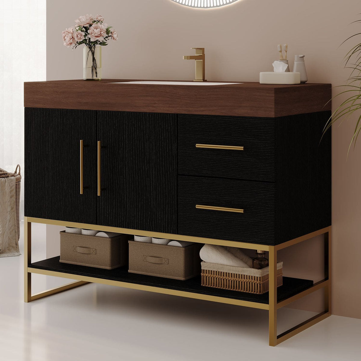 36 inch Black Freestanding Bathroom Vanity Gold Metal Frame Base Side Perspective View