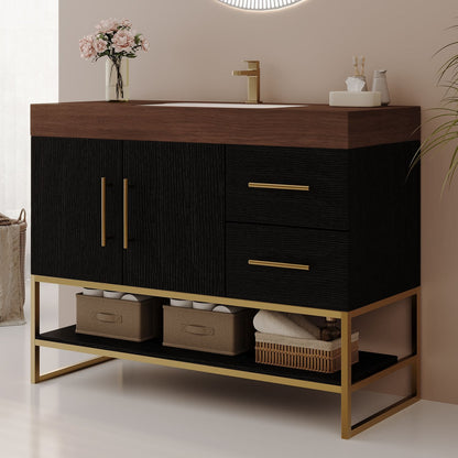 36 inch Black Freestanding Bathroom Vanity Gold Metal Frame Base Side Perspective View