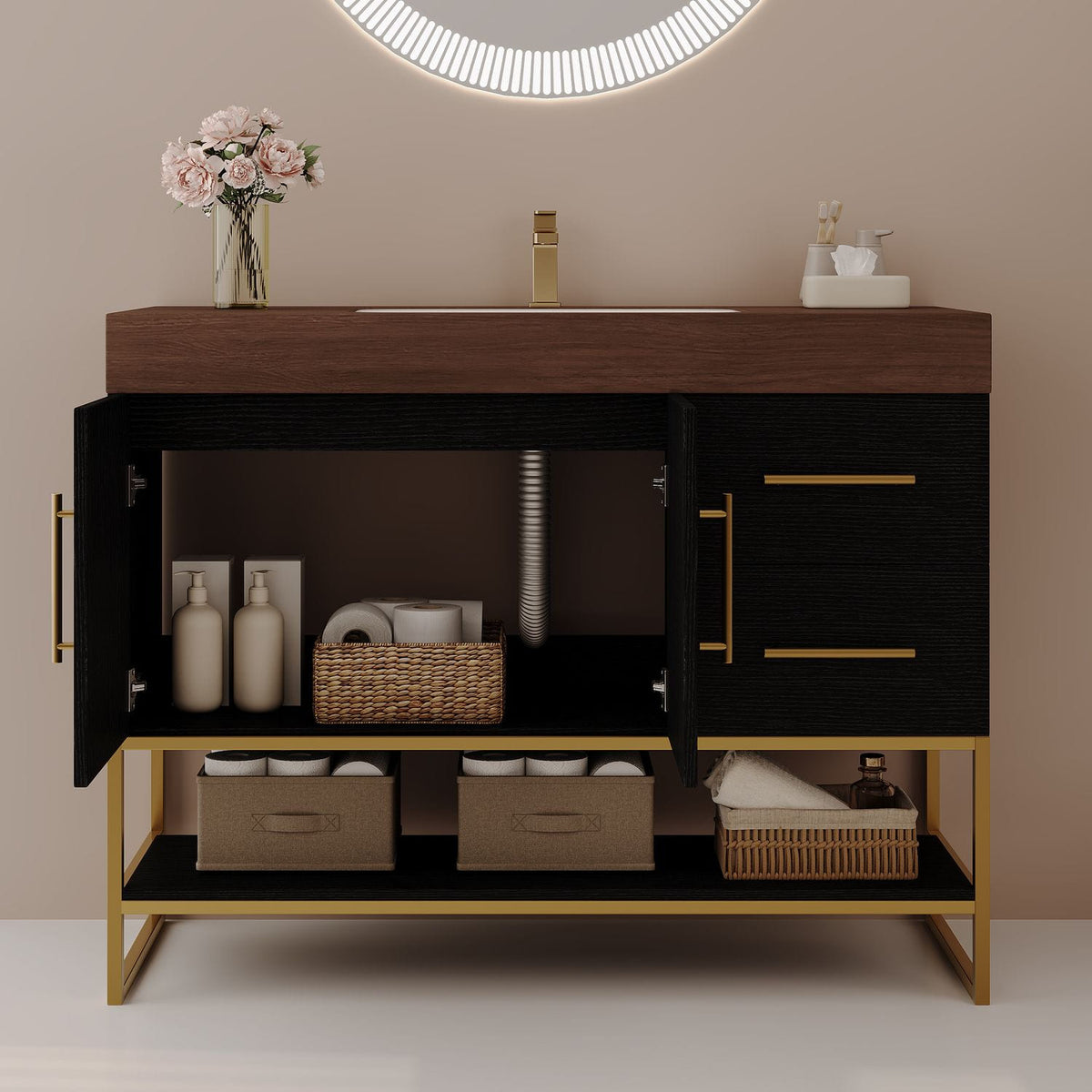 36 inch Black Freestanding Bathroom Vanity Open Double Doors Interior Storage Plumbing Space