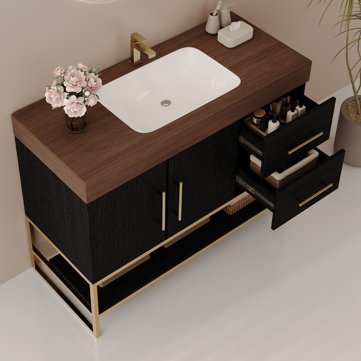 36 inch Black Freestanding Bathroom Vanity Open Drawers Storage Organization High Angle View