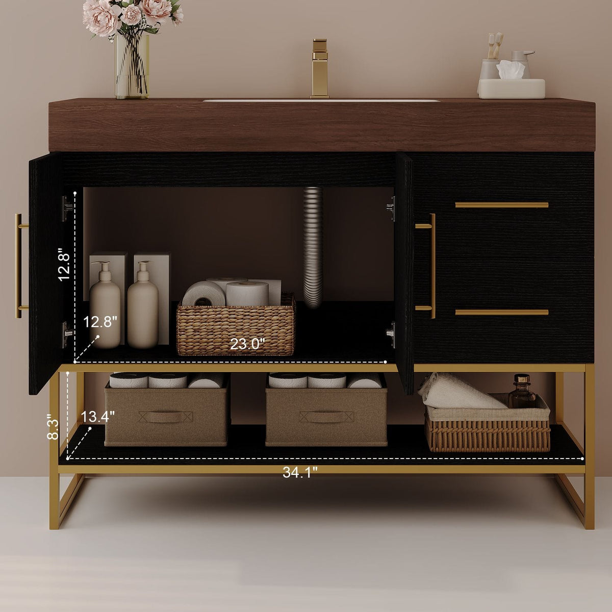36 inch Black Freestanding Bathroom Vanity Storage Dimensions Interior Compartment Open Shelf Size