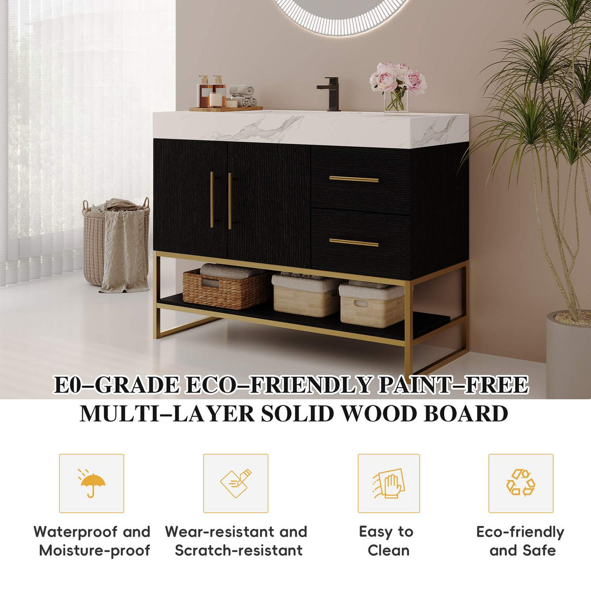 36 inch Black Freestanding Vanity E0 Grade Eco Friendly Multi Layer Solid Wood Waterproof   