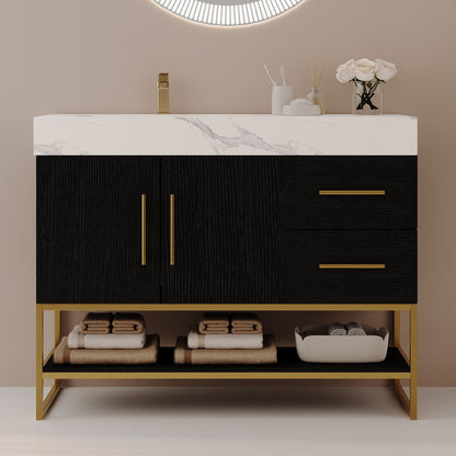 36 inch Black Modern Bathroom Vanity Left Side Ceramic Sink Front View Gold Frame
