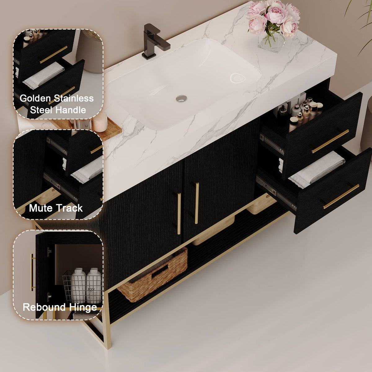 36 inch Black Vanity Hardware Details Golden Stainless Steel Handle Mute Track Rebound Hinge   