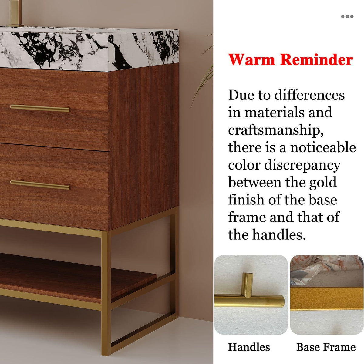 36 inch Dark Walnut Bath Vanity Warm Reminder Gold Finish Difference Between Base Frame and Handle