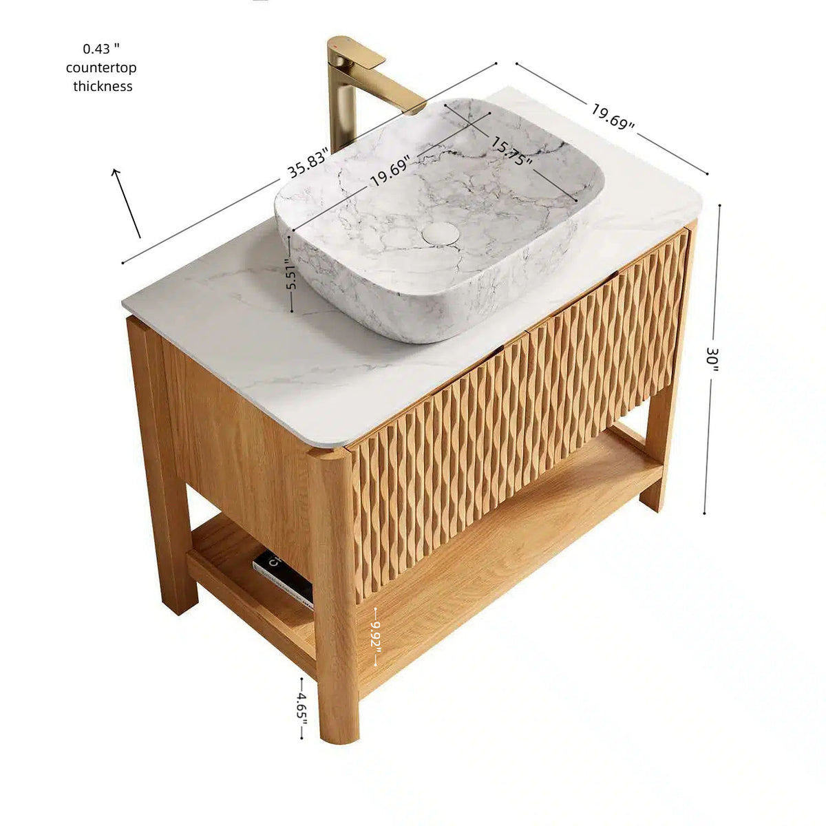 36 inch Fluted Bathroom Vanity Dimensions with Marble Ceramic Vessel Basin and Sintered Stone Countertop Measurements