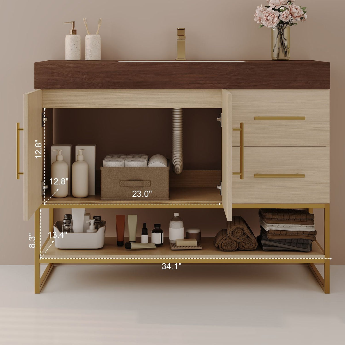 36 inch Freestanding Bathroom Vanity Interior Storage Dimensions Open Shelf Size