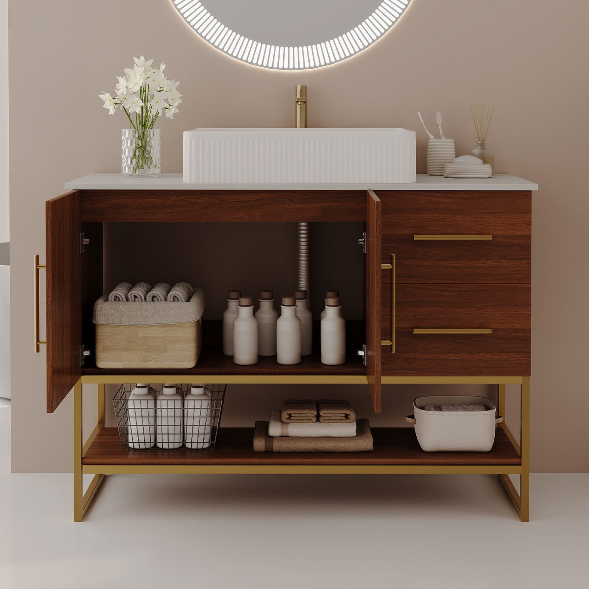 36 inch Freestanding Bathroom Vanity Open Cabinet Doors Plumbing Cutout Storage